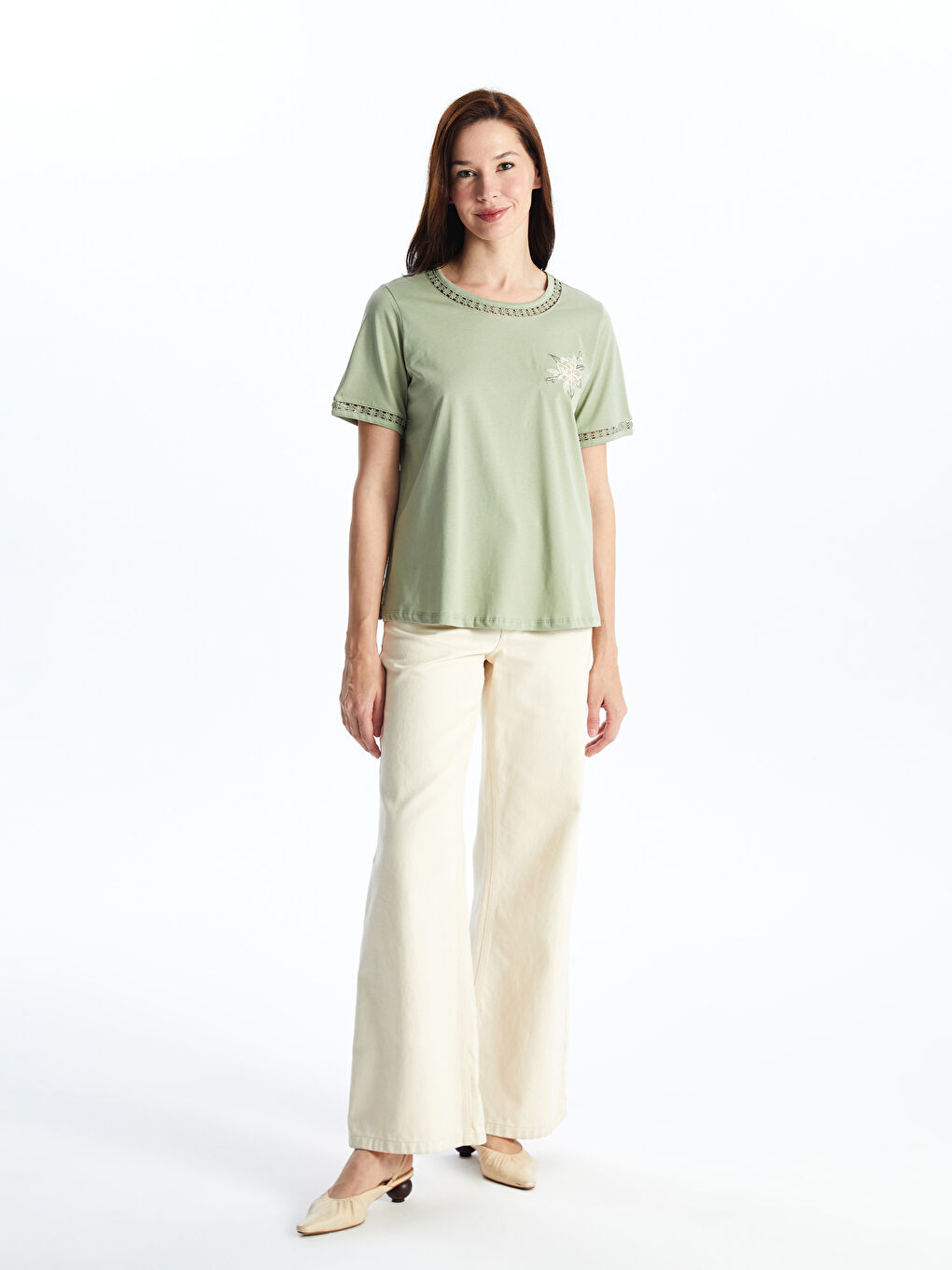 LCW Grace Crew Neck Embroidered Short Sleeve Women's Blouse -S4I185Z8-GHY