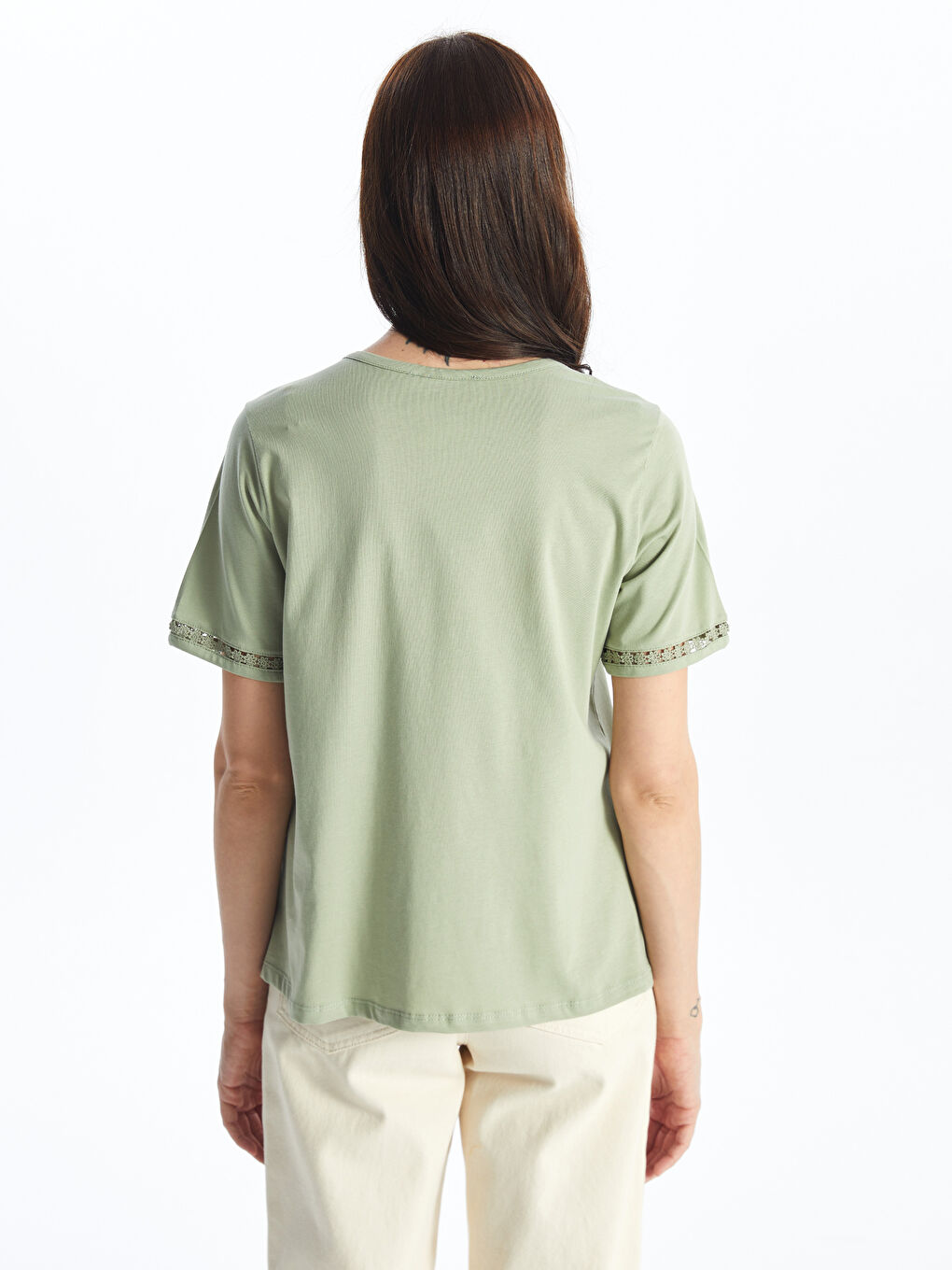 LCW Grace Crew Neck Embroidered Short Sleeve Women's Blouse -S4I185Z8-GHY