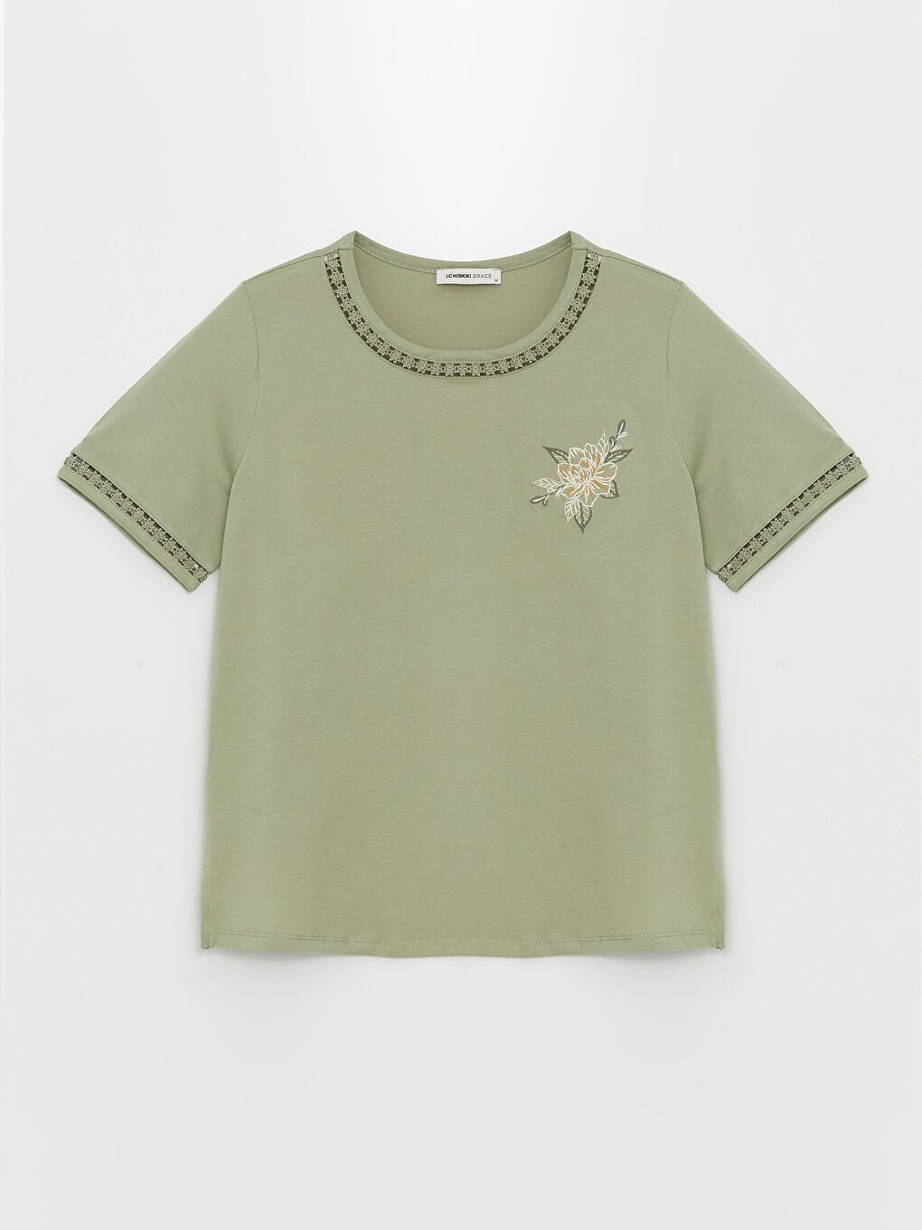LCW Grace Crew Neck Embroidered Short Sleeve Women's Blouse -S4I185Z8-GHY