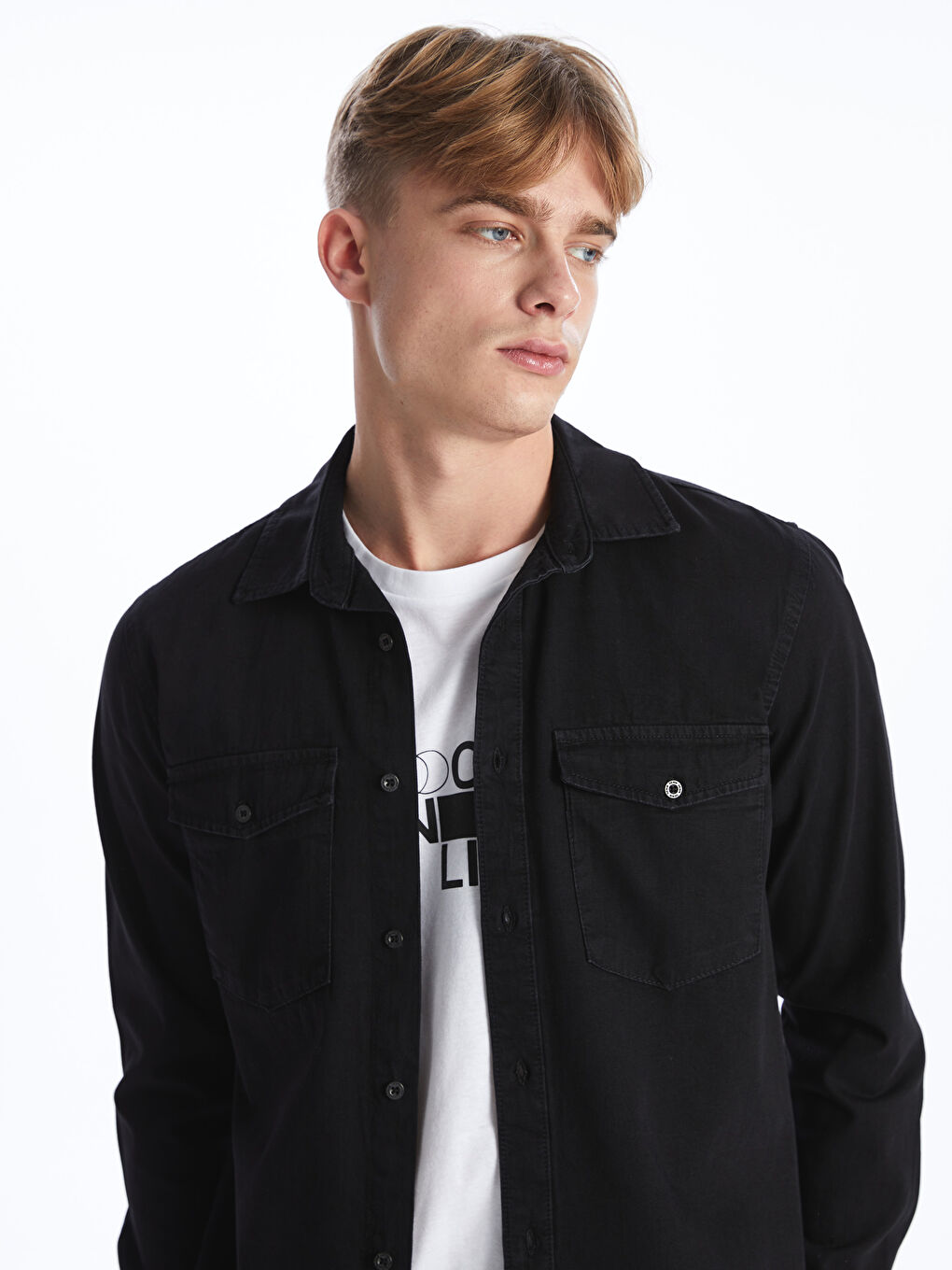 LCW Jeans Siyah Slim Fit Uzun Kollu Erkek Jean Gömlek - 1