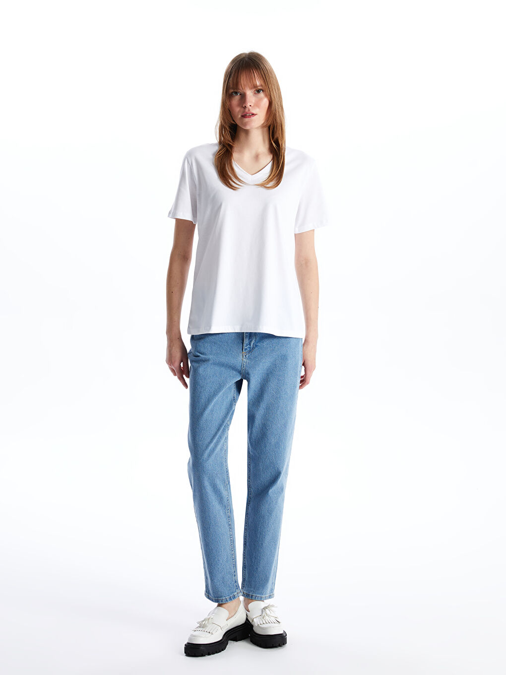 Beyaz V Yaka Düz Kısa Kollu Kadın Tişört-2