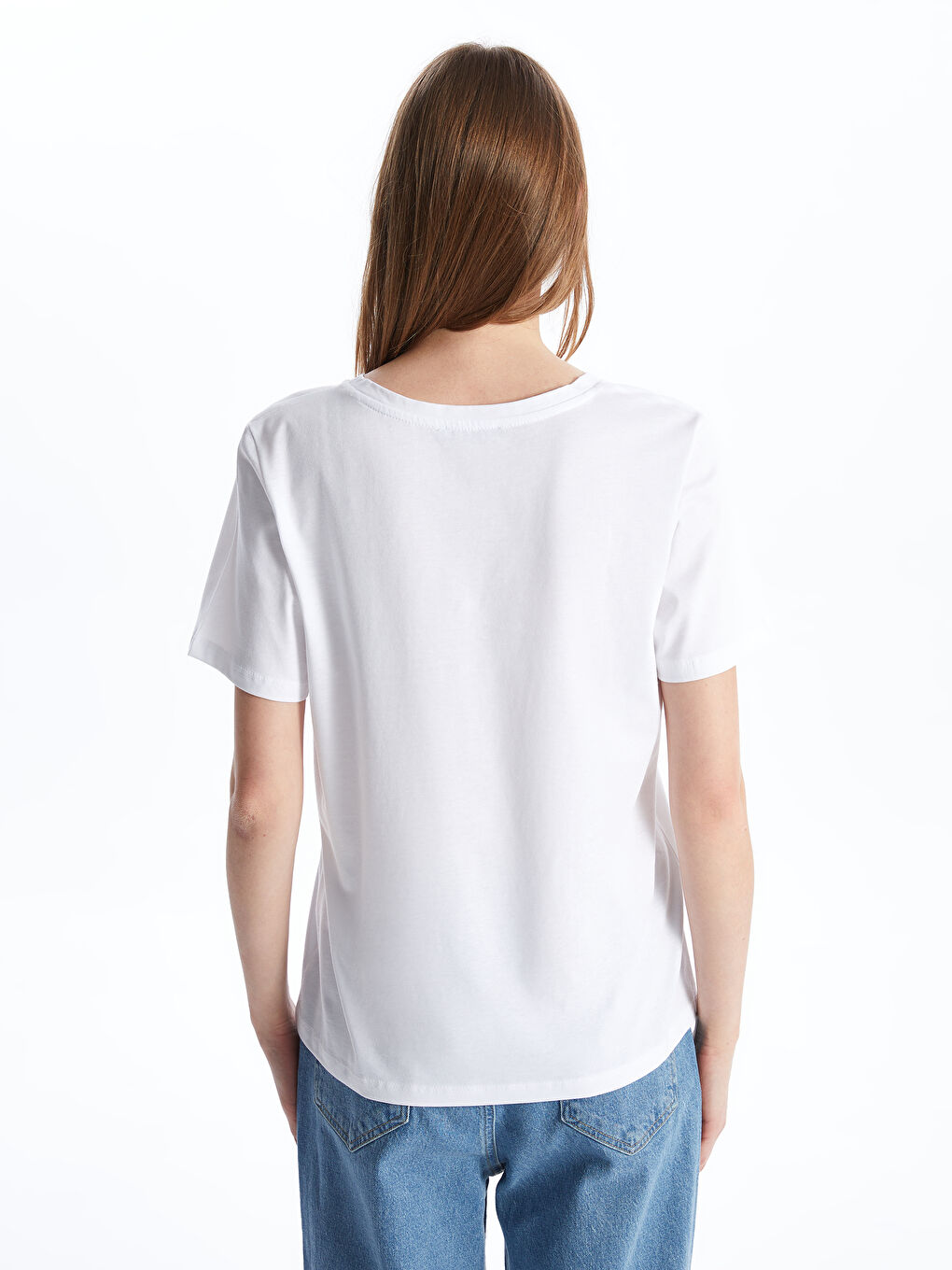 Beyaz V Yaka Düz Kısa Kollu Kadın Tişört-4