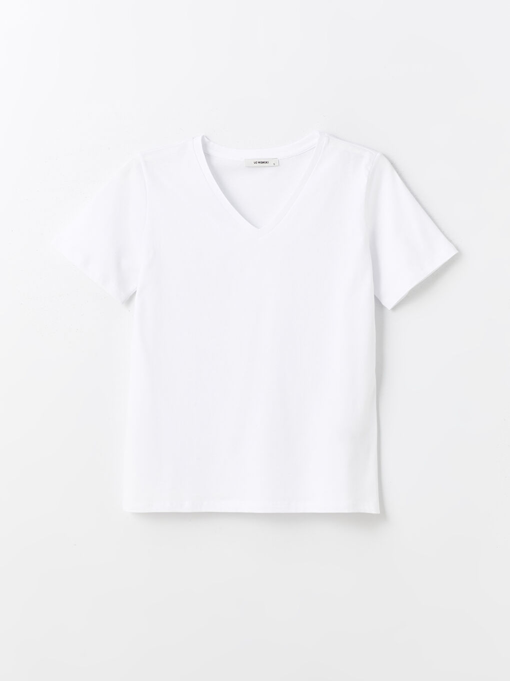 Beyaz V Yaka Düz Kısa Kollu Kadın Tişört-5