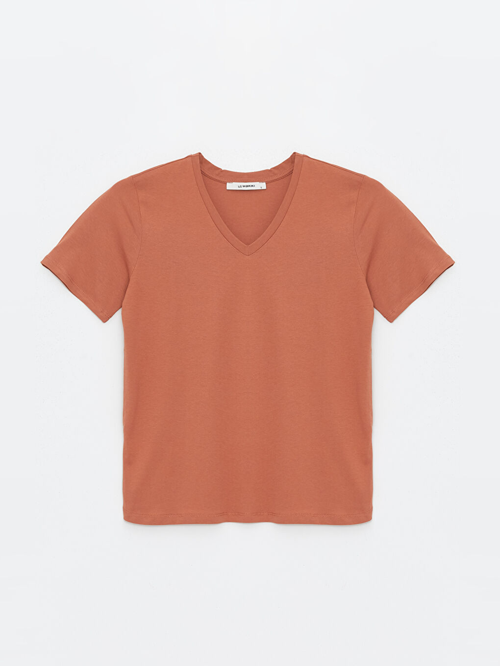 Kahverengi V Yaka Düz Kısa Kollu Kadın Tişört-5