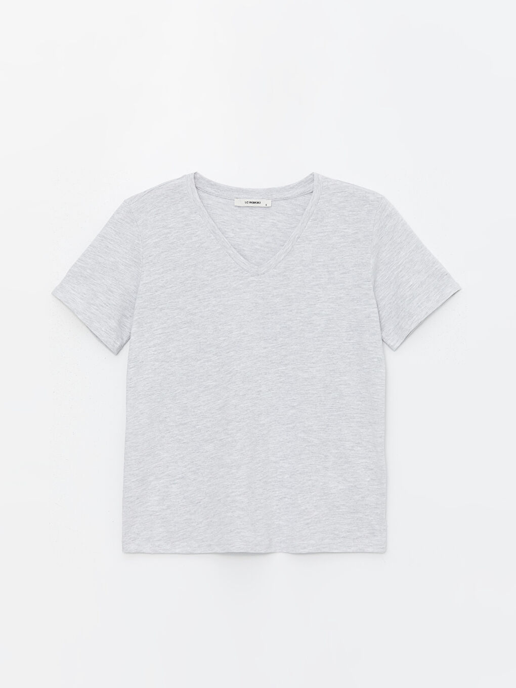 Gri V Yaka Düz Kısa Kollu Kadın Tişört-5