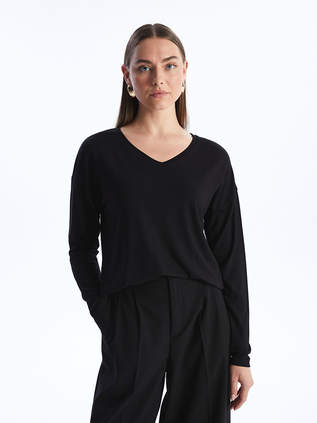 V-Neck Plain Long Sleeve Women's T-Shirt -S4I297Z8-CVL