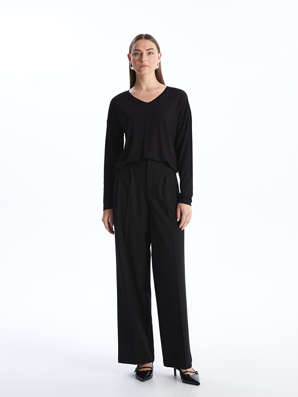 V-Neck Plain Long Sleeve Women's T-Shirt -S4I297Z8-CVL
