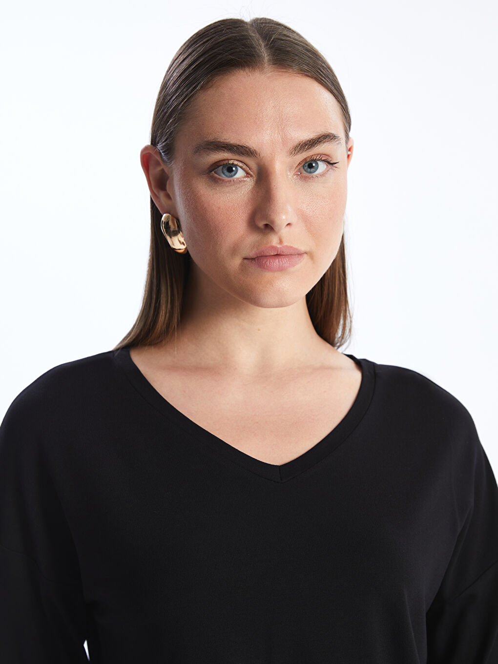 V-Neck Plain Long Sleeve Women's T-Shirt -S4I297Z8-CVL