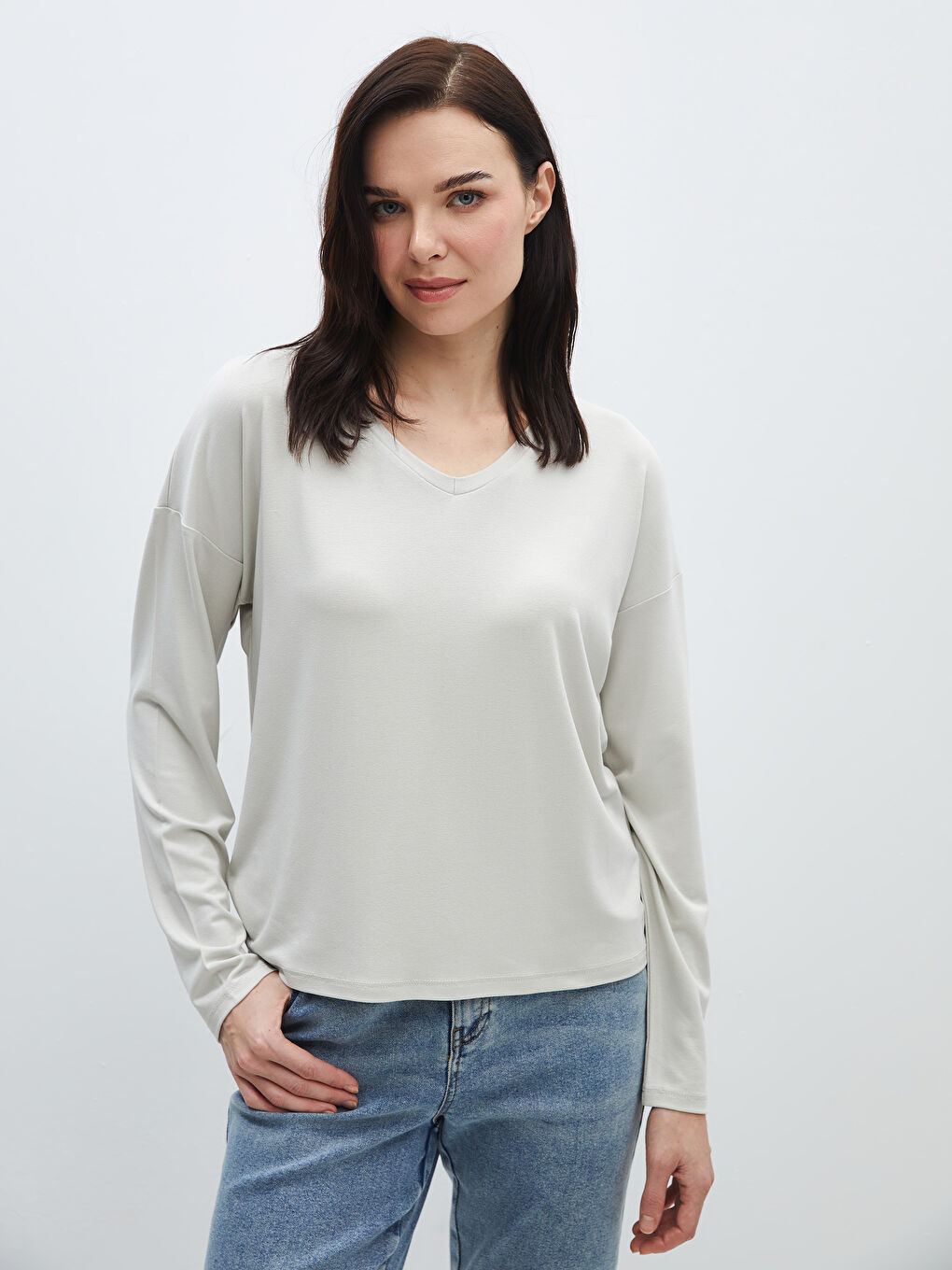 V-Neck Plain Long Sleeve Women's T-Shirt -S4I297Z8-G7L