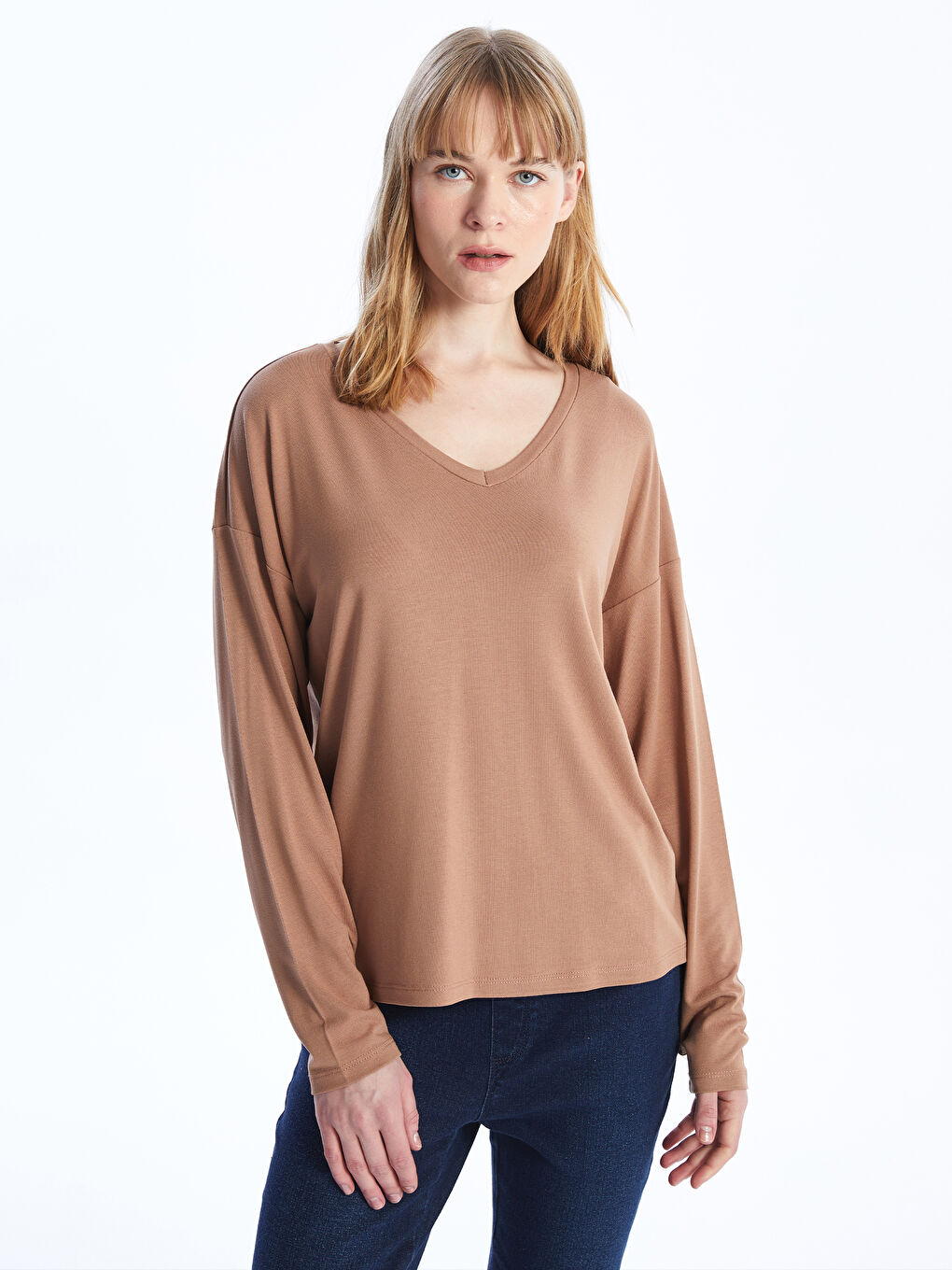 V-Neck Plain Long Sleeve Women's T-Shirt -S4I297Z8-GVW