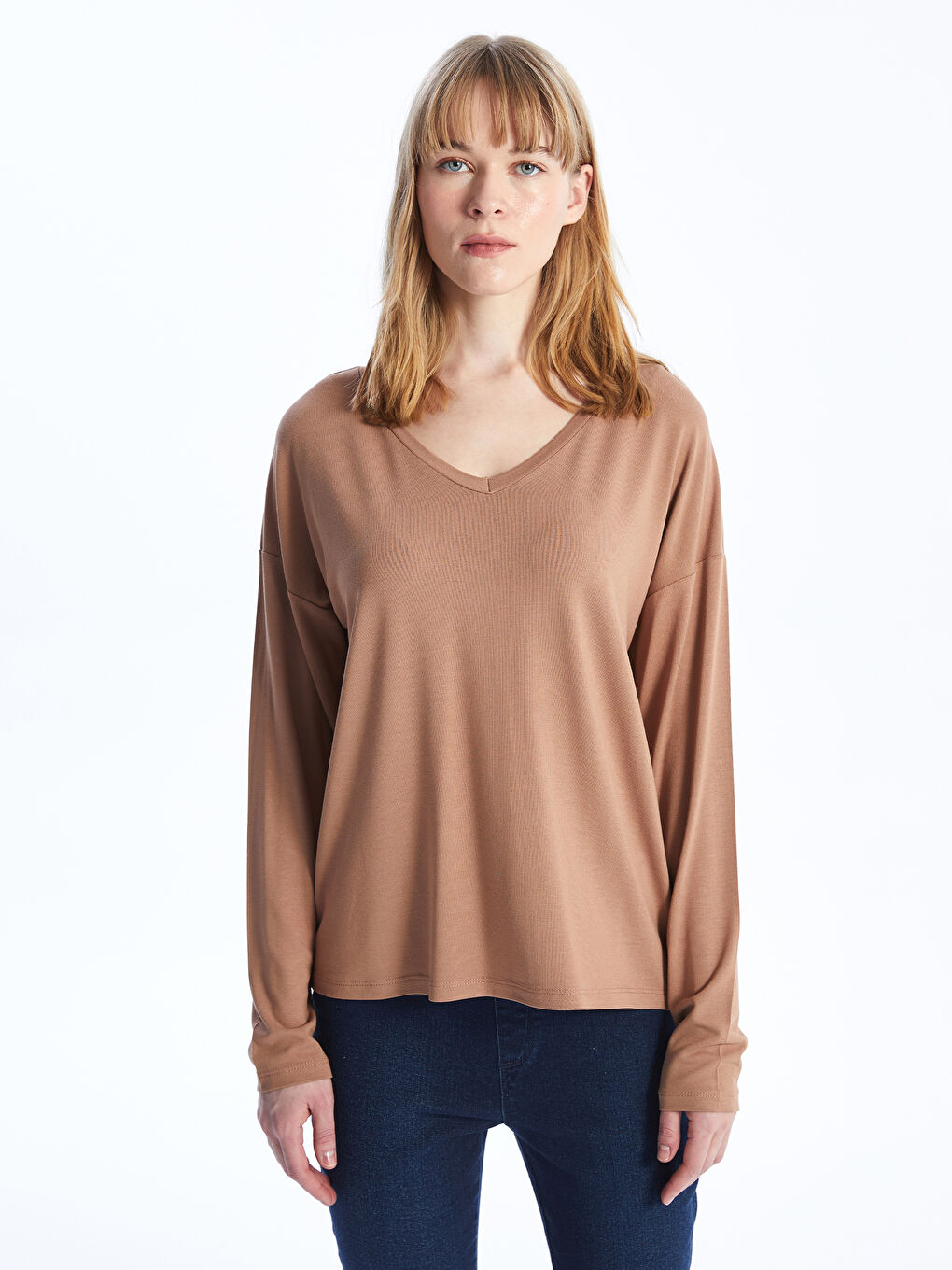 V-Neck Plain Long Sleeve Women's T-Shirt -S4I297Z8-GVW