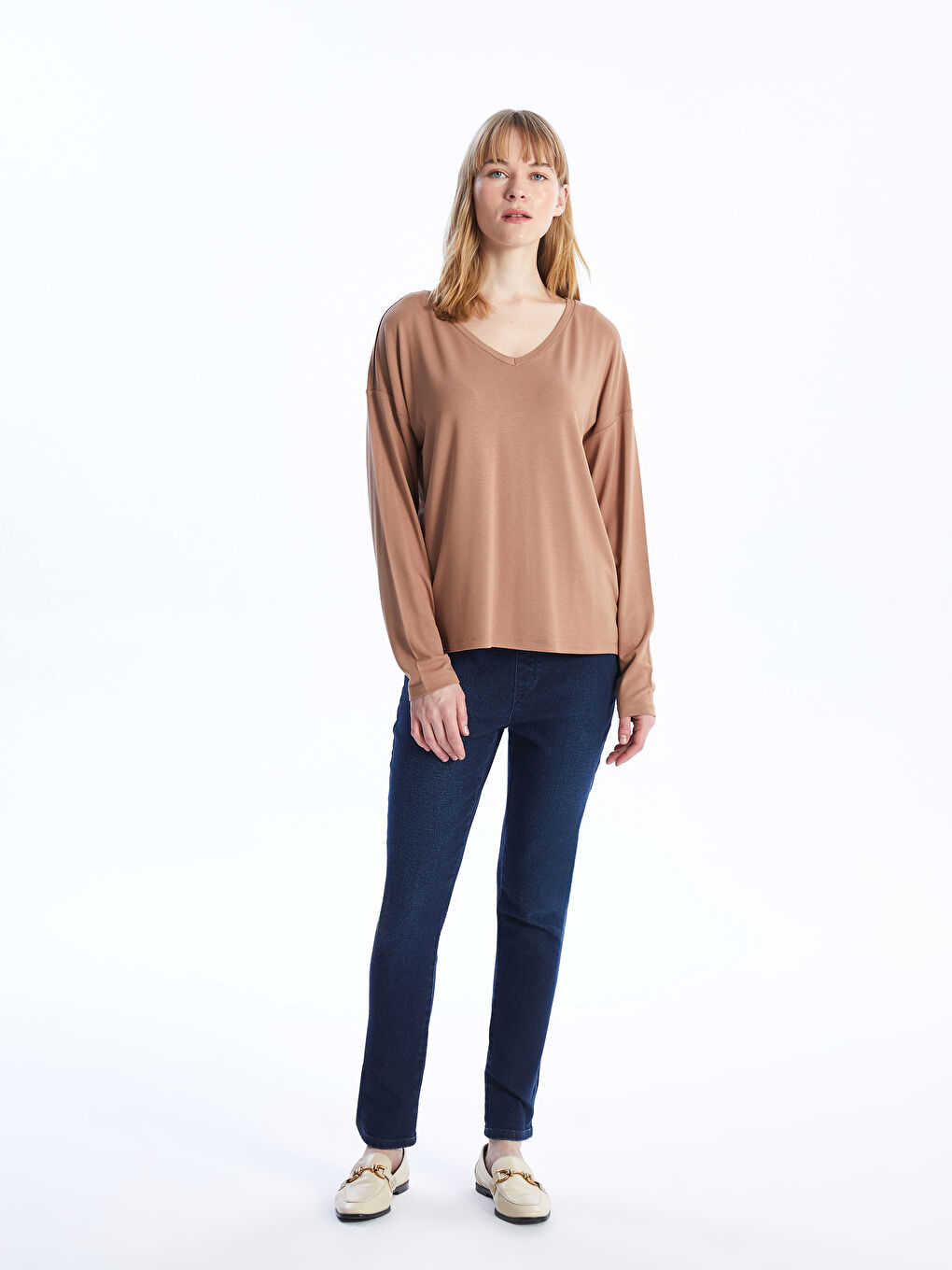 V-Neck Plain Long Sleeve Women's T-Shirt -S4I297Z8-GVW