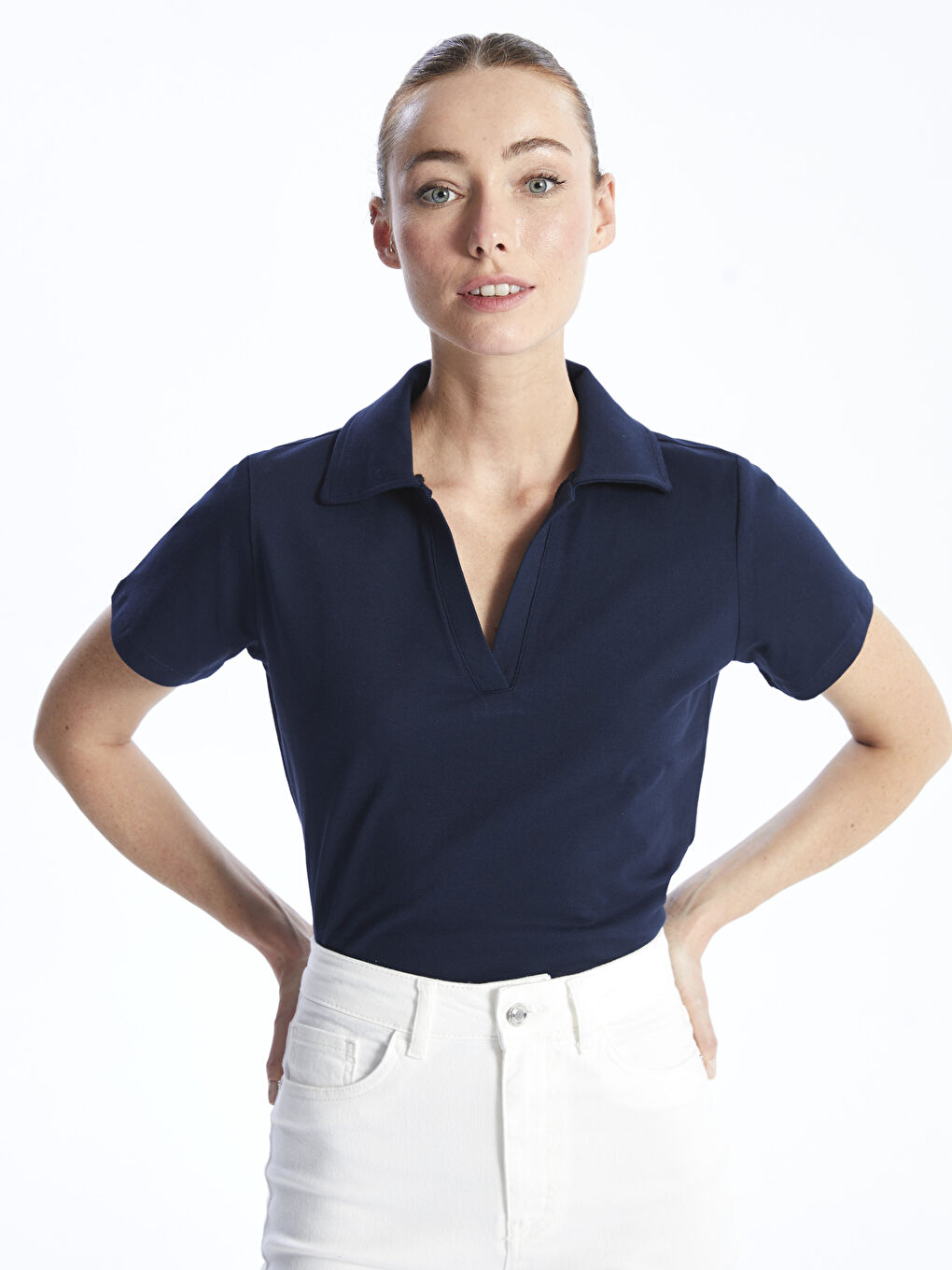 Lacivert Polo Yaka Düz Kısa Kollu Kadın Tişört
