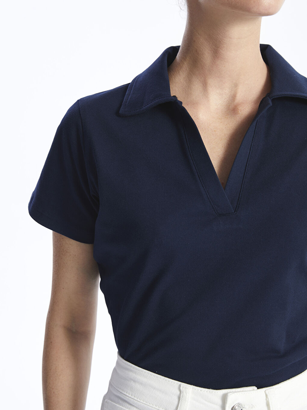 Lacivert Polo Yaka Düz Kısa Kollu Kadın Tişört-3