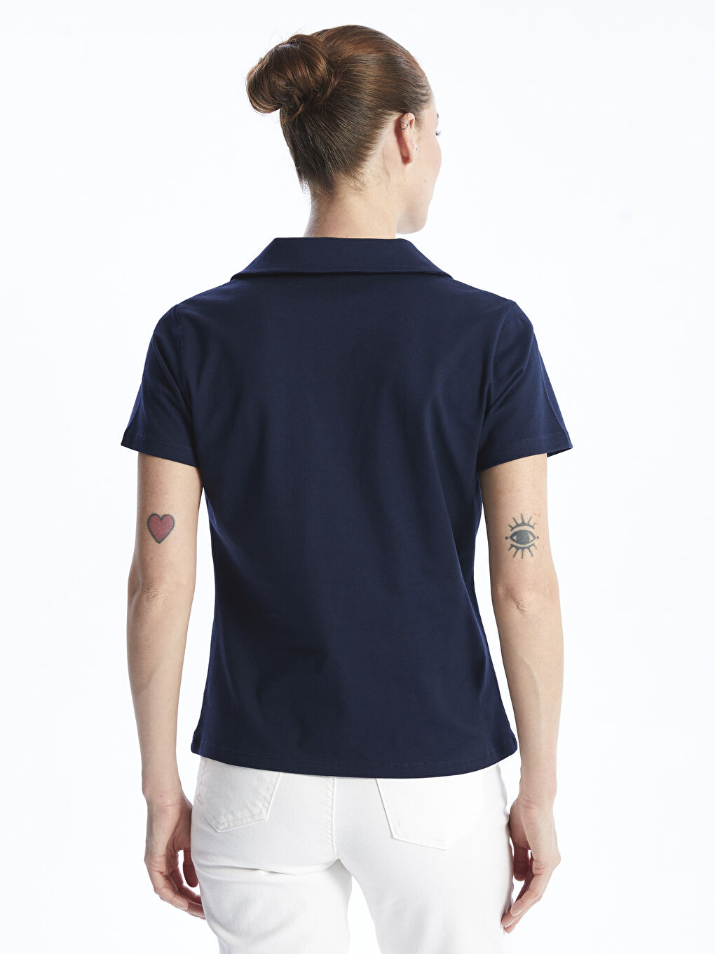 Lacivert Polo Yaka Düz Kısa Kollu Kadın Tişört-4