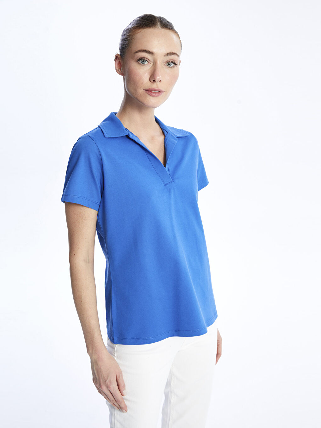 Mavi Polo Yaka Düz Kısa Kollu Kadın Tişört