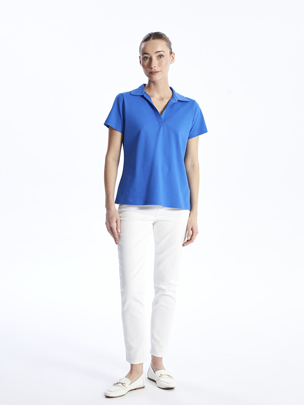 Mavi Polo Yaka Düz Kısa Kollu Kadın Tişört-2
