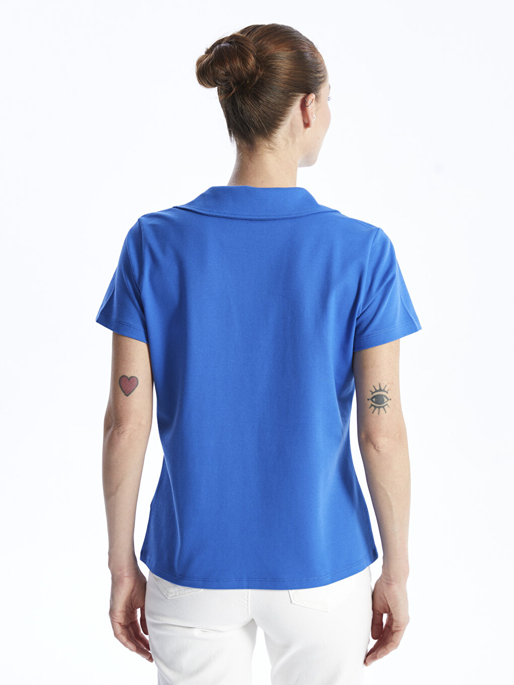 Mavi Polo Yaka Düz Kısa Kollu Kadın Tişört-4