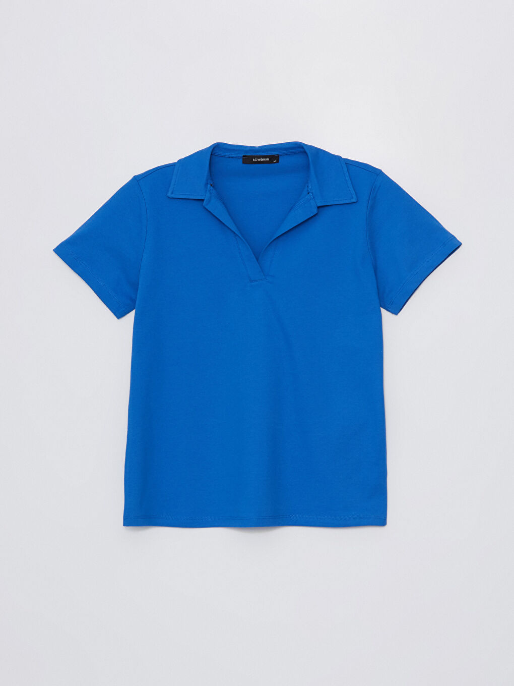 Mavi Polo Yaka Düz Kısa Kollu Kadın Tişört-5