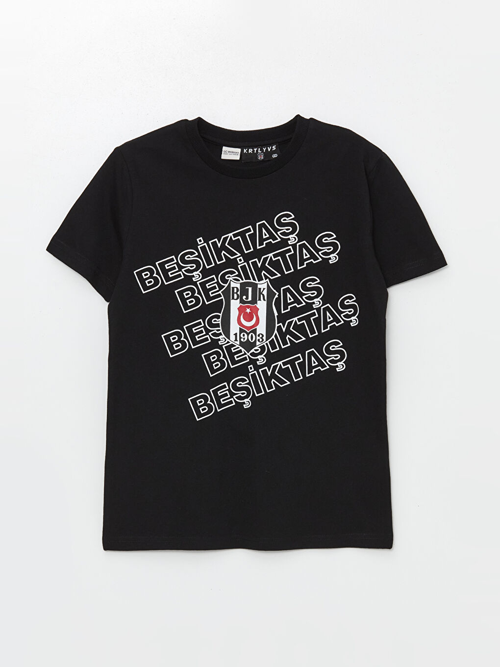 Siyah Bisiklet Yaka Beşiktaş Baskılı Kısa Kollu Erkek Çocuk Tişört