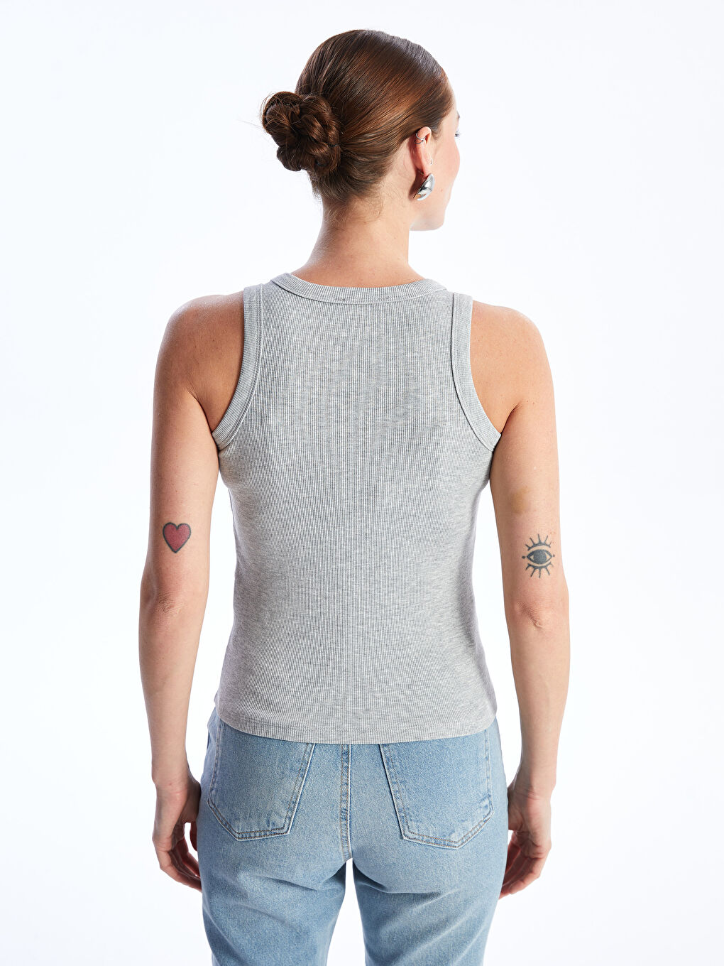 Gri Kadın Bisiklet Yaka Düz Atlet-4