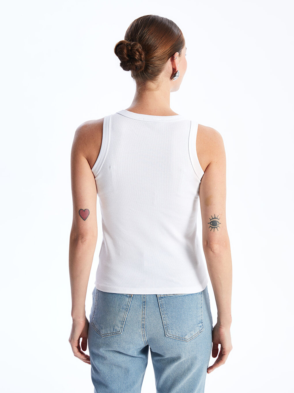 Beyaz Kadın Bisiklet Yaka Düz Atlet-4