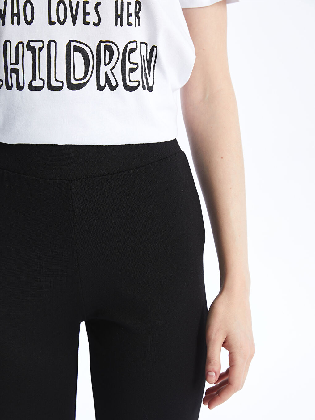 Siyah Kadın Beli Lastikli Düz Tayt-2