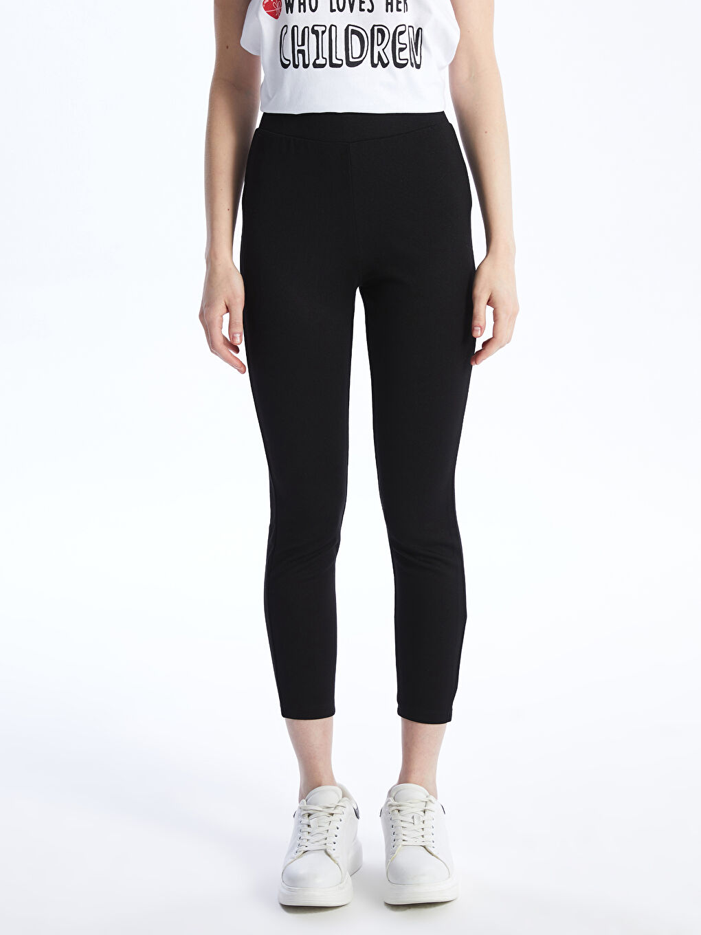 Siyah Kadın Beli Lastikli Düz Tayt-3