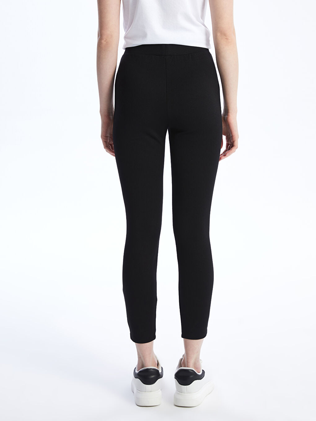 Siyah Kadın Beli Lastikli Düz Tayt-4