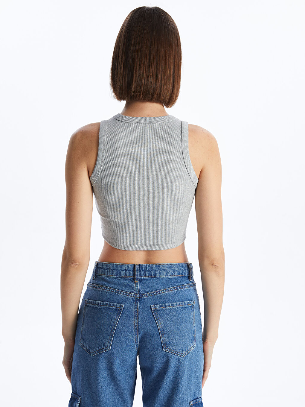 LC WAIKIKI Gri Bisiklet Yaka Baskılı Kadın Crop - 8