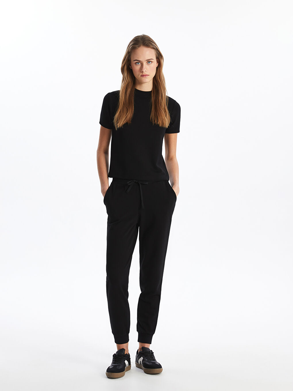Siyah Kadın Beli Lastikli Düz Jogger Eşofman Altı