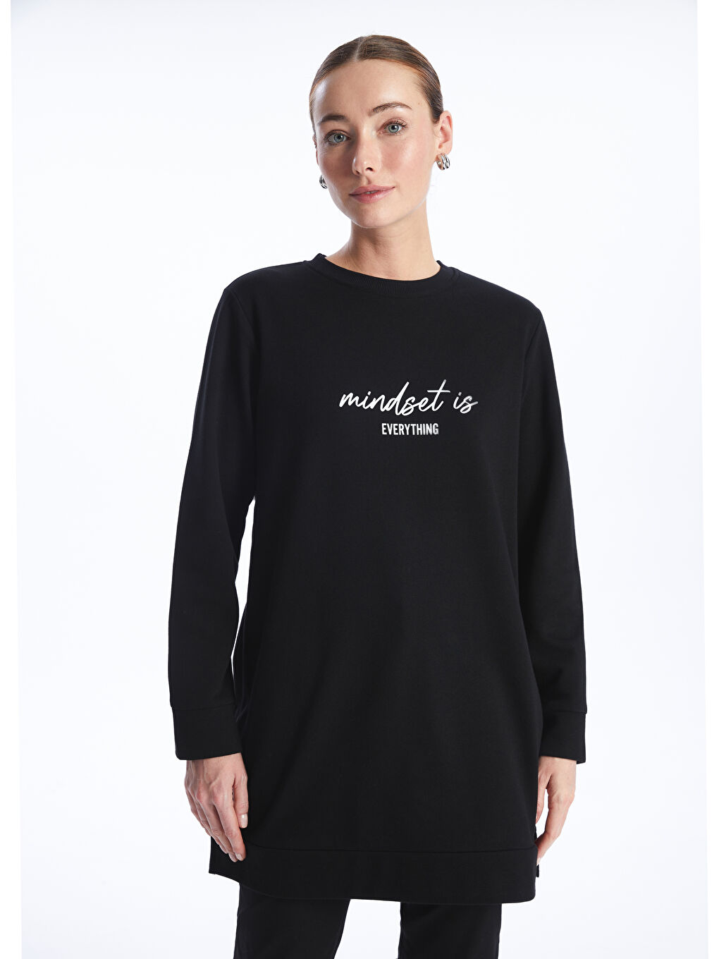 Siyah Bisiklet Yaka Baskılı Uzun Kollu Kadın Sweatshirt Tunik