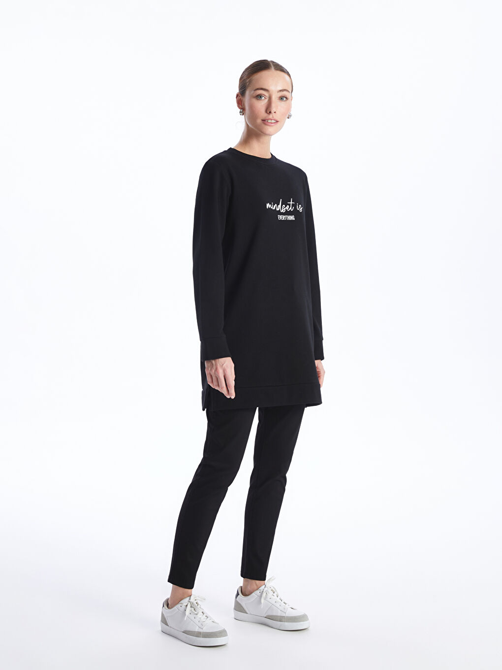 Siyah Bisiklet Yaka Baskılı Uzun Kollu Kadın Sweatshirt Tunik-2