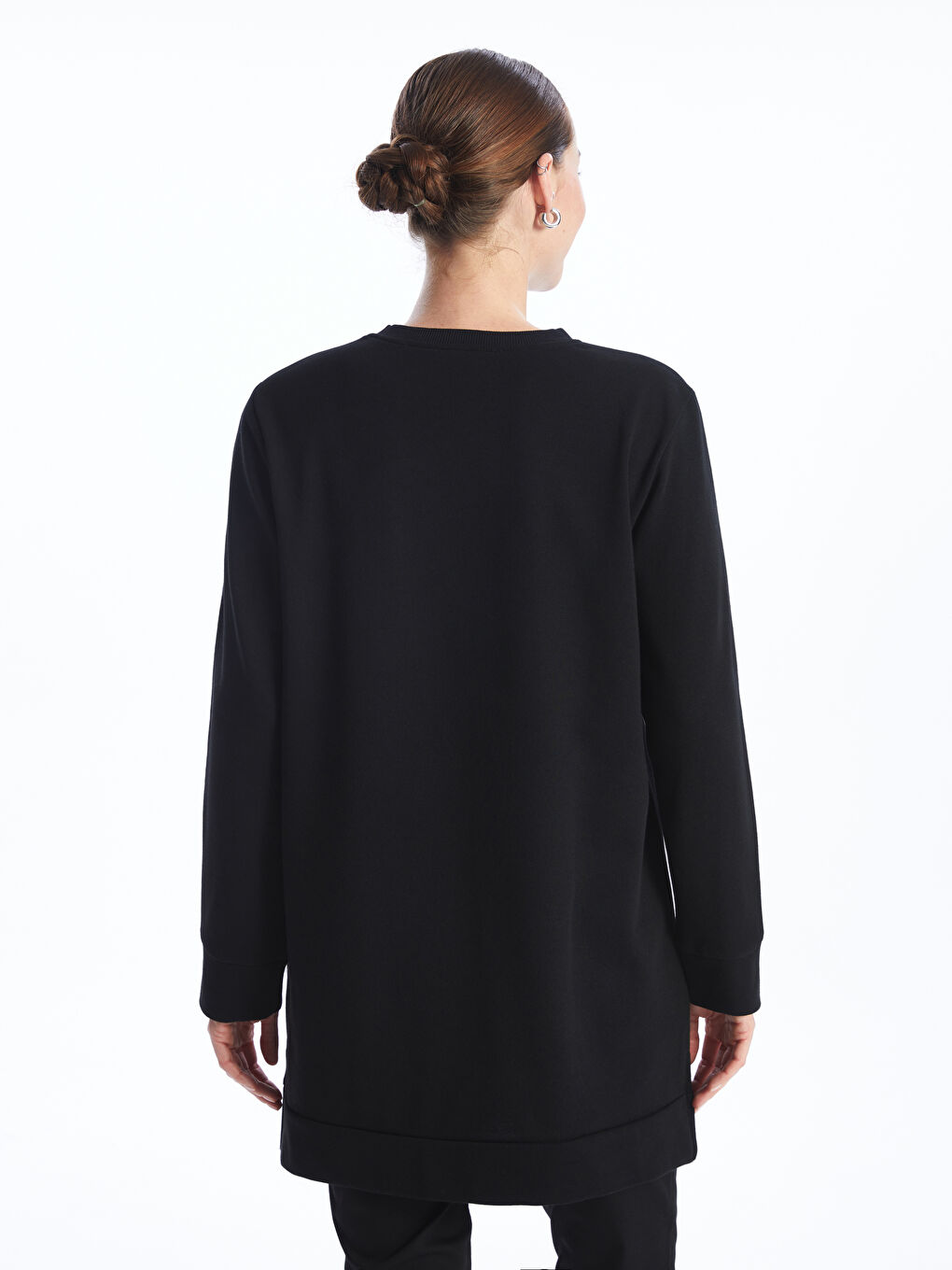 Siyah Bisiklet Yaka Baskılı Uzun Kollu Kadın Sweatshirt Tunik-4