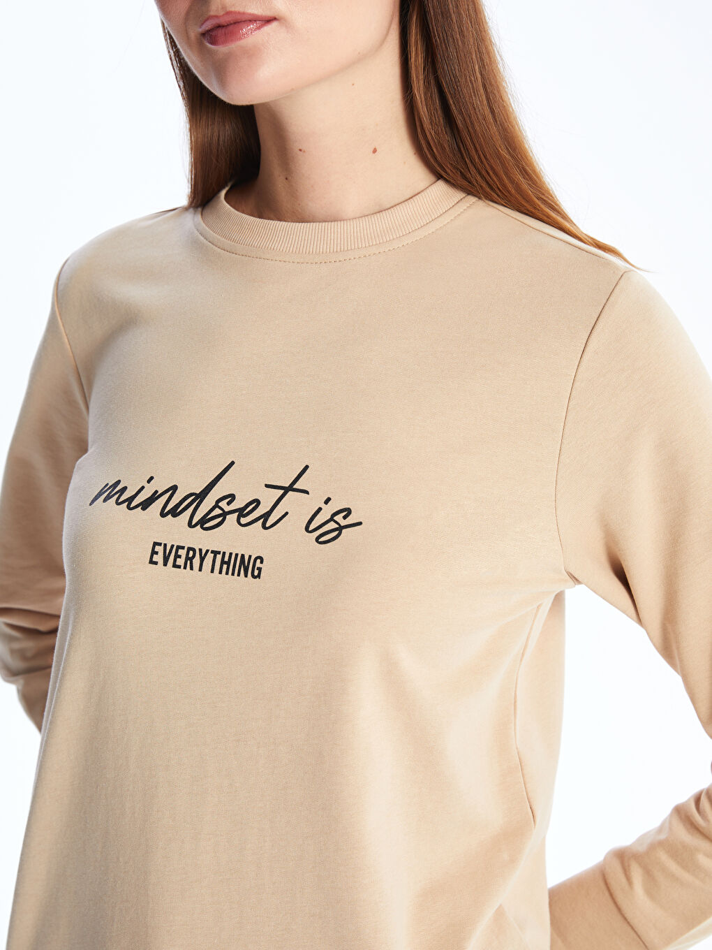 Bej Bisiklet Yaka Baskılı Uzun Kollu Kadın Sweatshirt Tunik-3