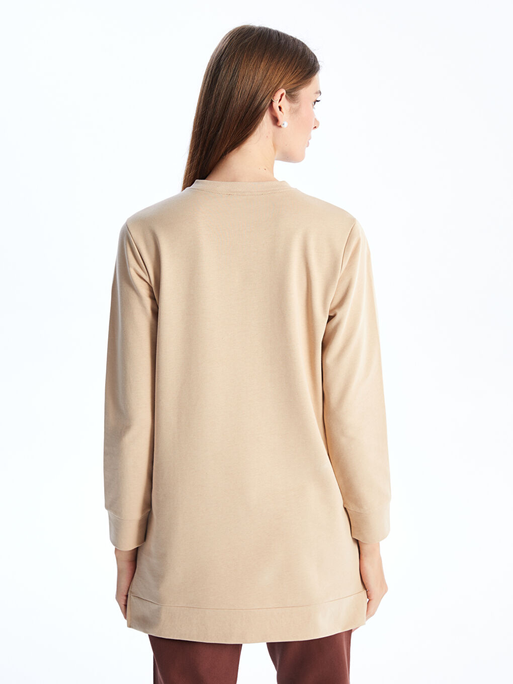 Bej Bisiklet Yaka Baskılı Uzun Kollu Kadın Sweatshirt Tunik-4