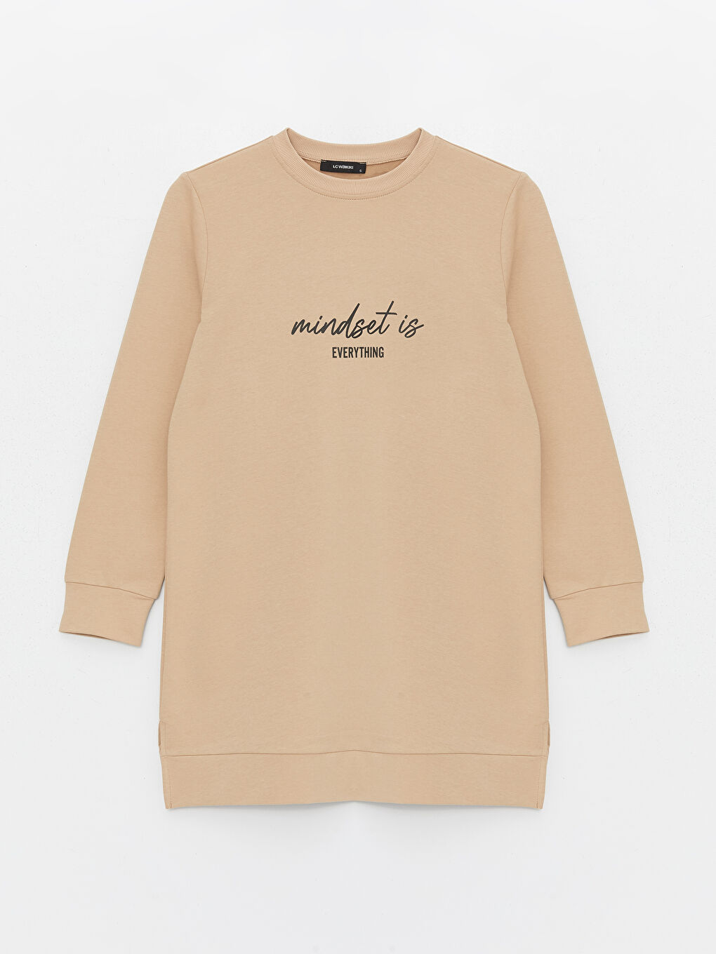 Bej Bisiklet Yaka Baskılı Uzun Kollu Kadın Sweatshirt Tunik-5