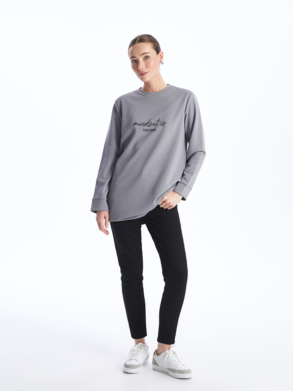 Gri Bisiklet Yaka Baskılı Uzun Kollu Kadın Sweatshirt Tunik-2