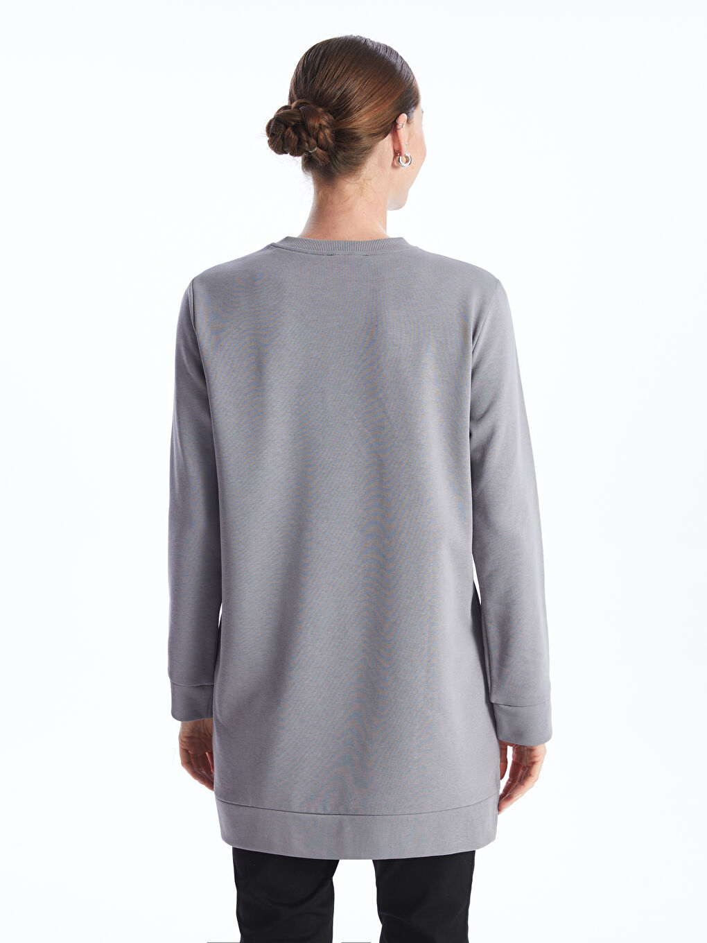 Gri Bisiklet Yaka Baskılı Uzun Kollu Kadın Sweatshirt Tunik-4