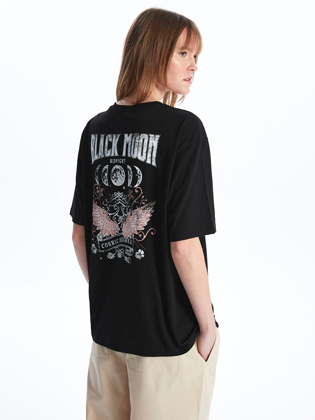 Siyah Bisiklet Yaka Baskılı Kısa Kollu Oversize Kadın Tişört