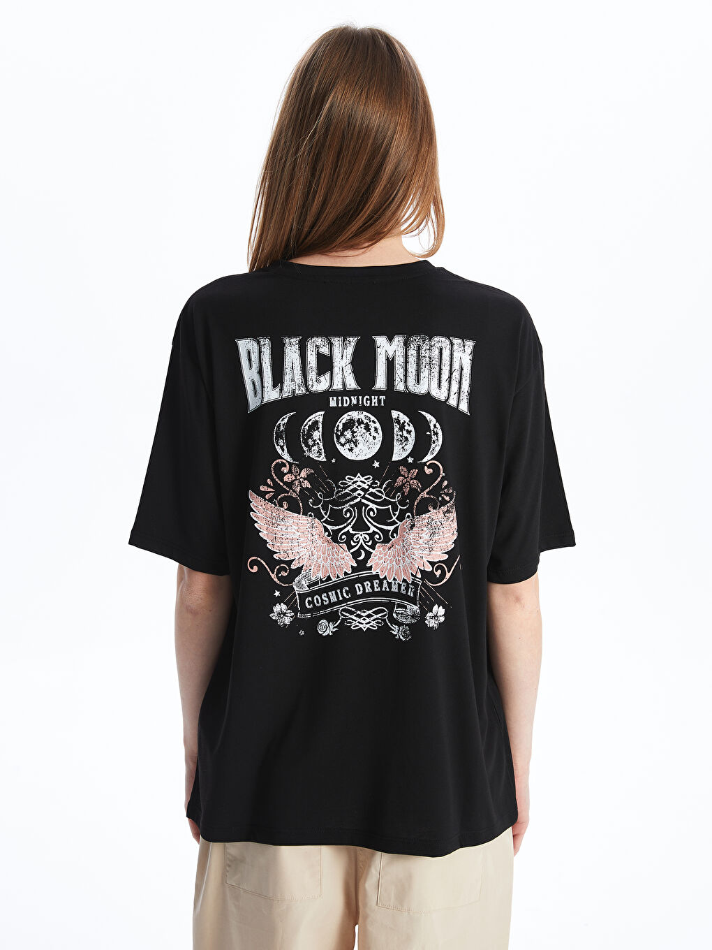 Siyah Bisiklet Yaka Baskılı Kısa Kollu Oversize Kadın Tişört-4