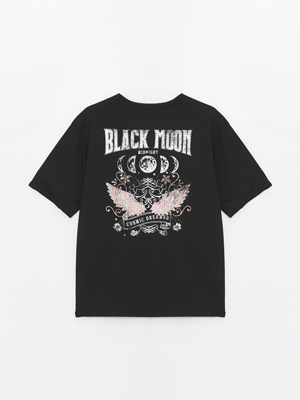 Siyah Bisiklet Yaka Baskılı Kısa Kollu Oversize Kadın Tişört-6