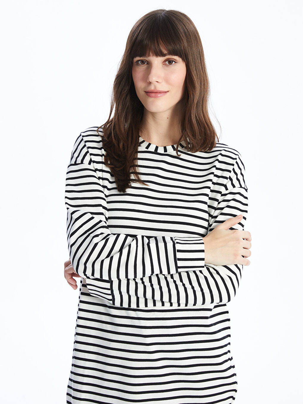 Siyah Bisiklet Yaka Çizgili Uzun Kollu Oversize Kadın Tunik-1