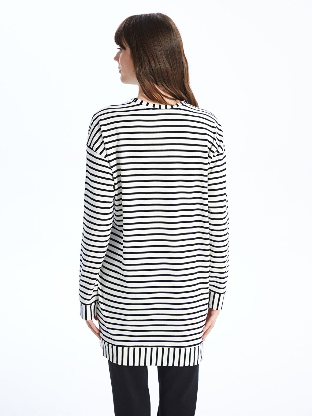 Siyah Bisiklet Yaka Çizgili Uzun Kollu Oversize Kadın Tunik-4