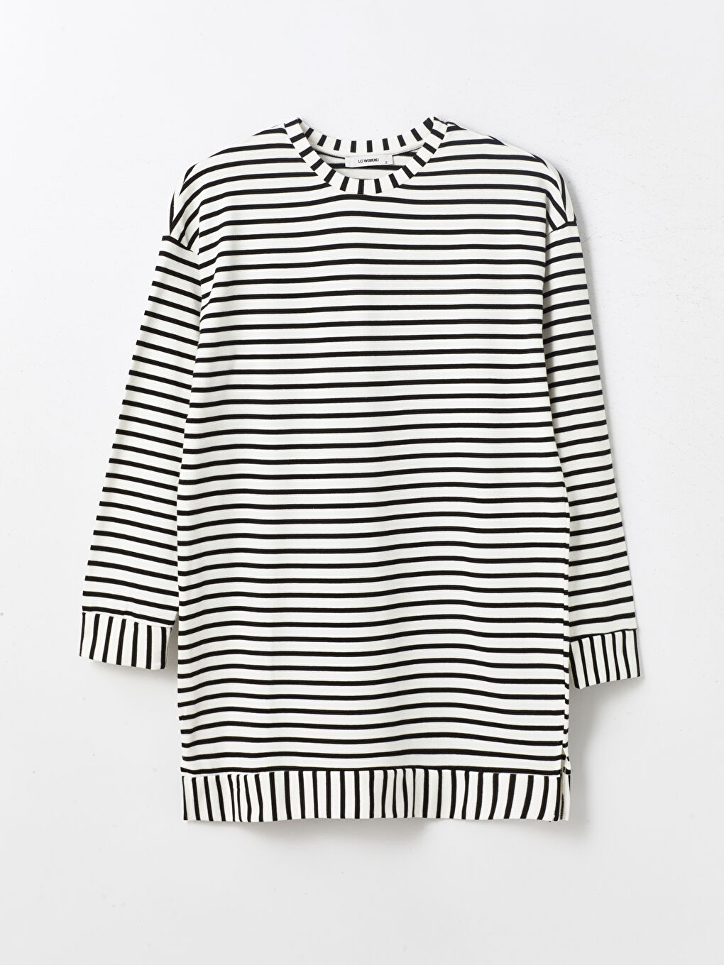 Siyah Bisiklet Yaka Çizgili Uzun Kollu Oversize Kadın Tunik-5