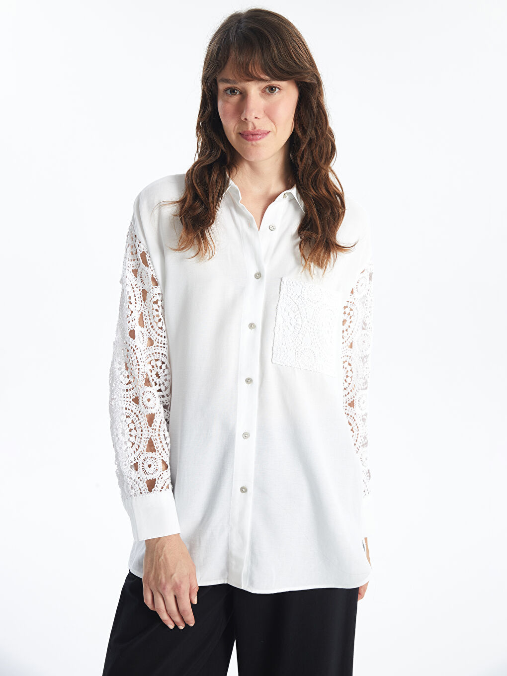 LCW Vision Crochet Detailed Oversize Linen Blend Women's Shirt -S4I424Z8-R9J