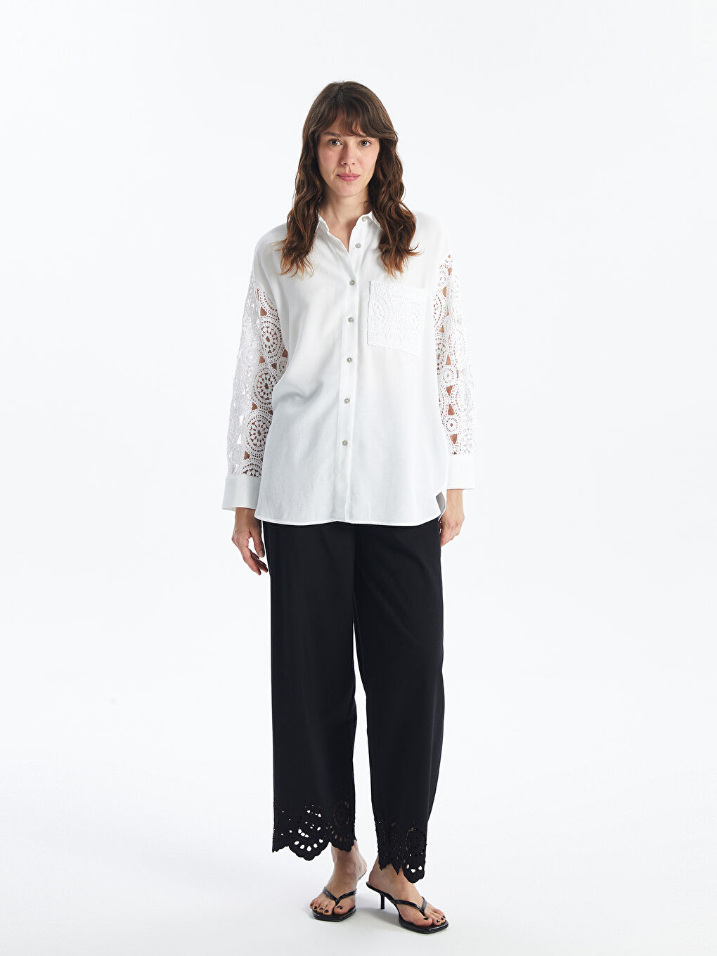 LCW Vision Crochet Detailed Oversize Linen Blend Women's Shirt -S4I424Z8-R9J