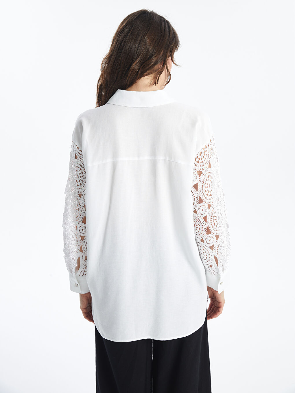 LCW Vision Crochet Detailed Oversize Linen Blend Women's Shirt -S4I424Z8-R9J