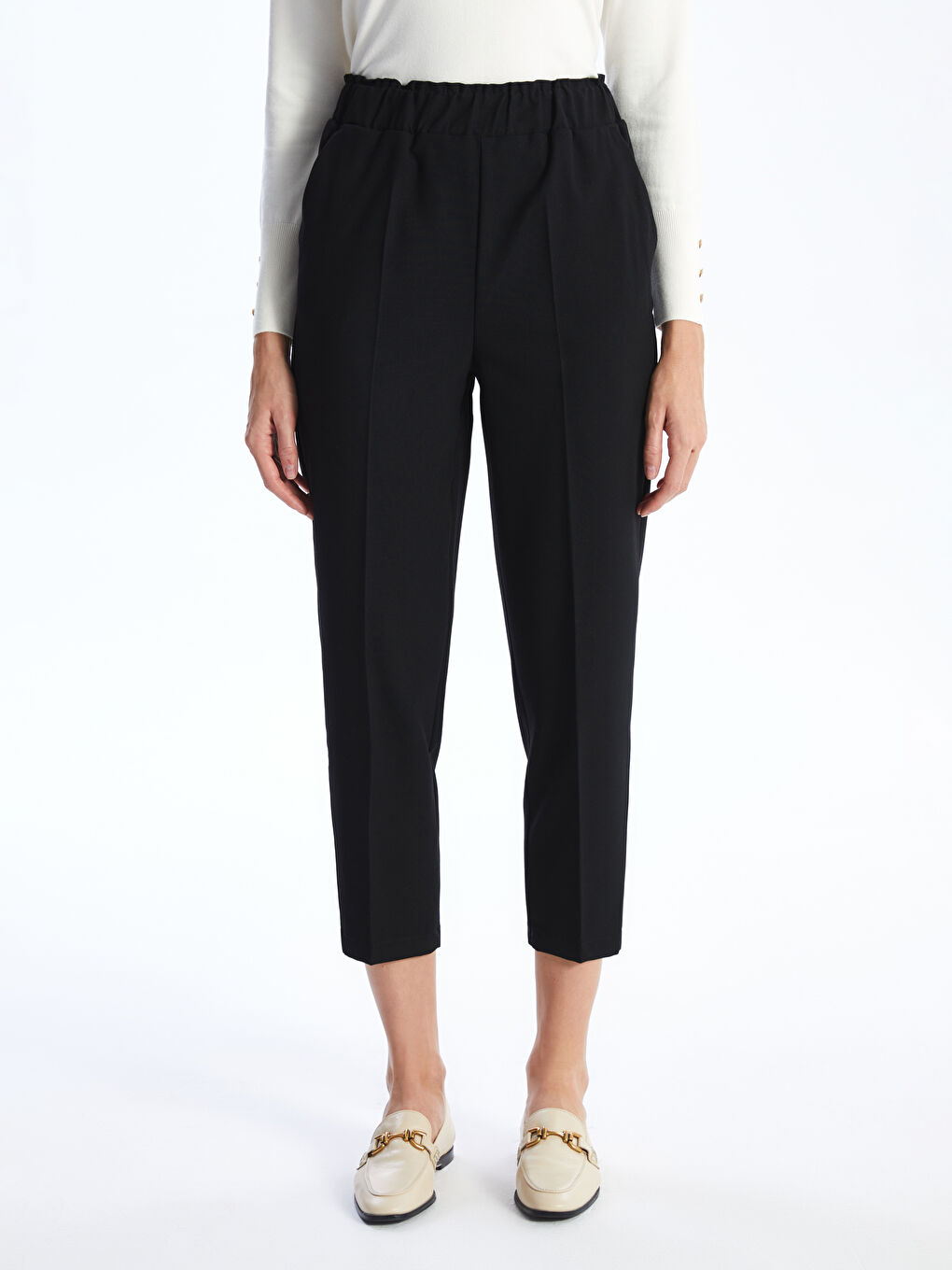 Siyah Beli Lastikli Standart Fit Kadın Pantolon-2