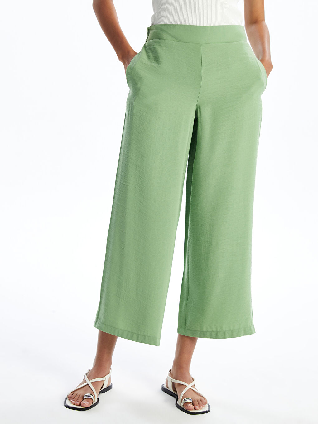 Pantalone sa elastičnim strukom, jednostavne, širokih nogavica za žene-3